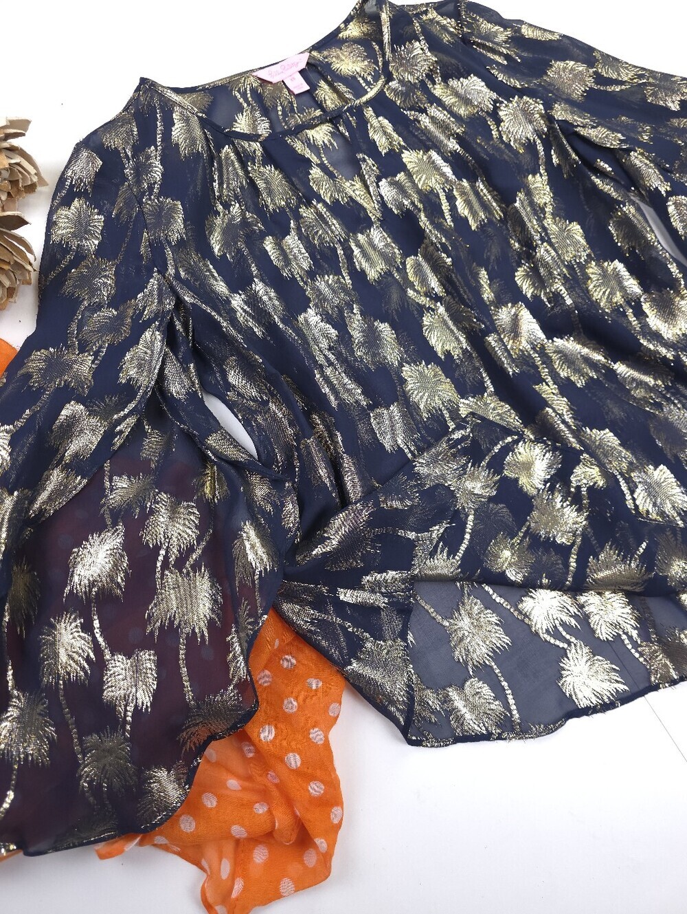 Lilly Pullitzer Navy - Gold Palm Accent Sheer Silk Top Size XS - Picture 4 of 11